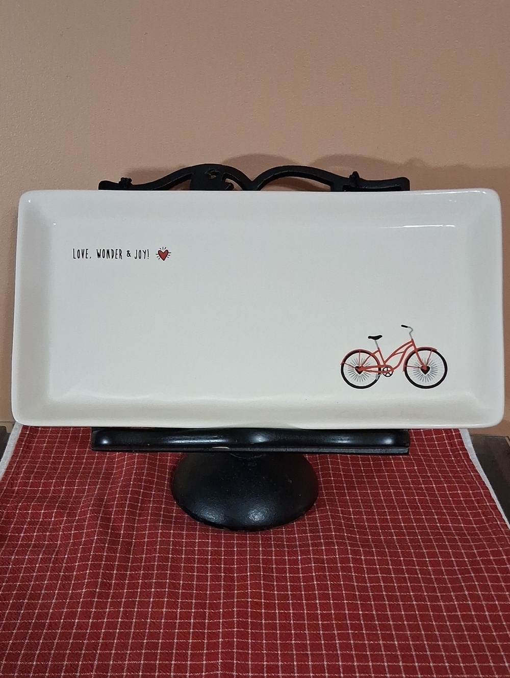 Magenta White Ceramic Dish  Black/Red Bicycle Logo. Love, Wonder & Joy! Ex. Cond